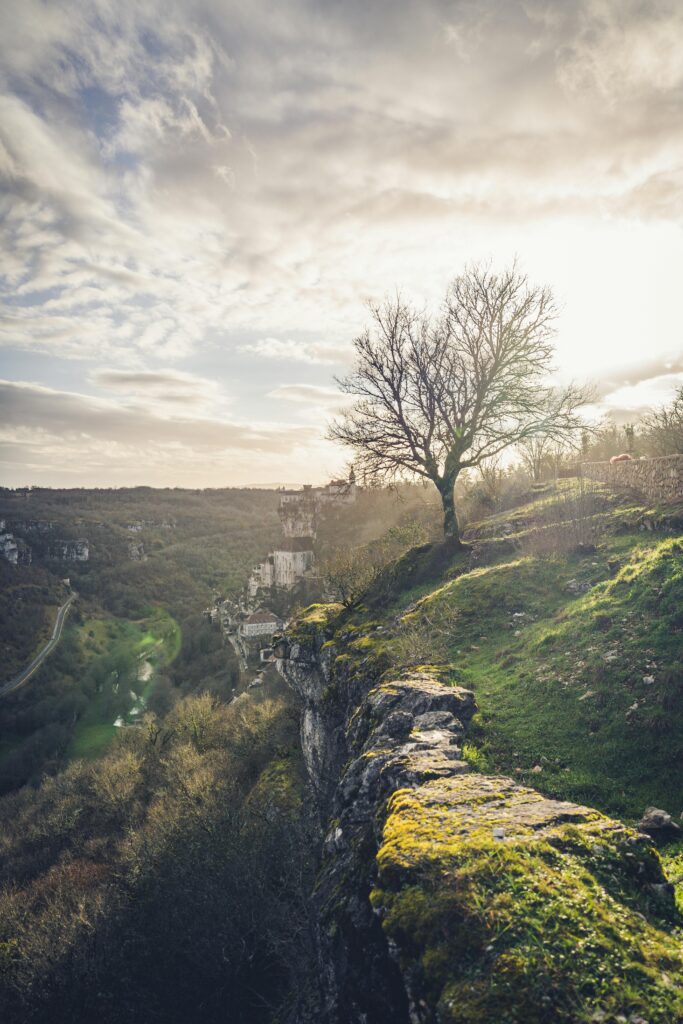 Breathtaking view of Rocamadour's cliffside and tree at sunset, showcasing nature's beauty.